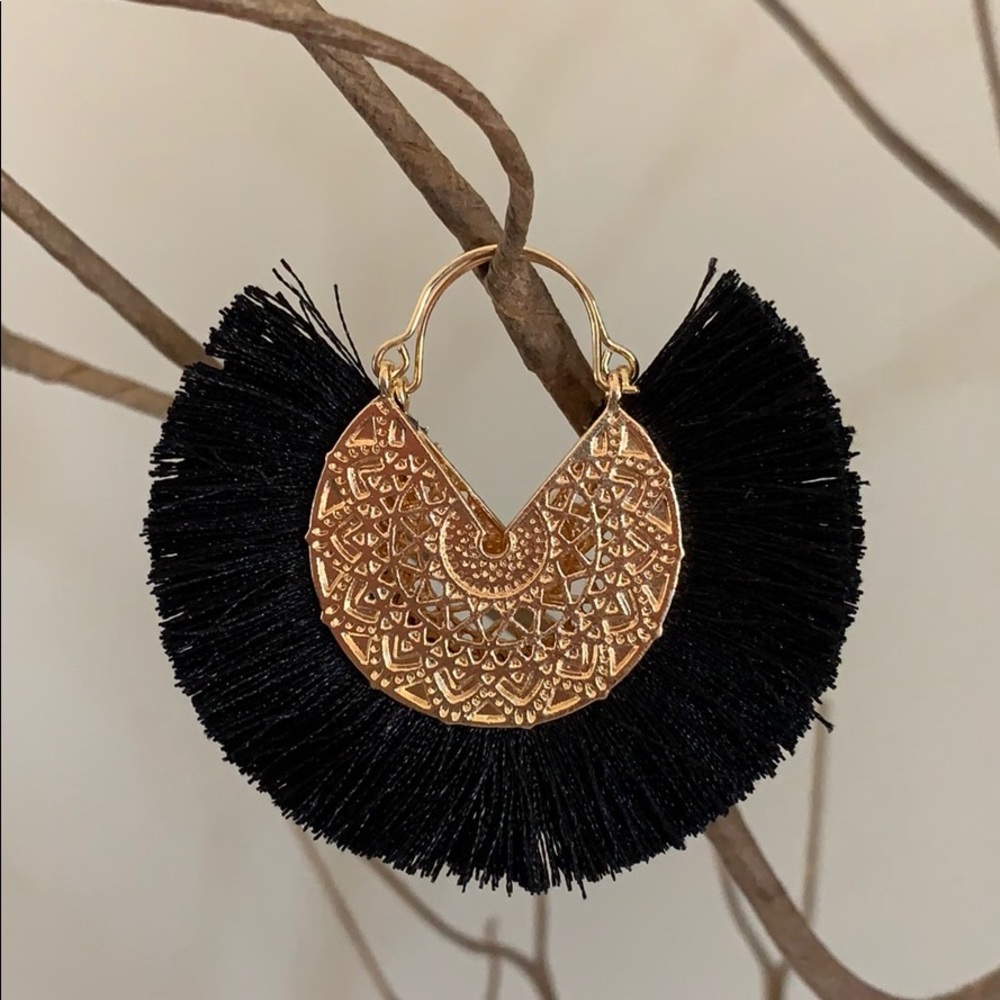 Black Fan Fringe Earrings - Picture 2 of 4